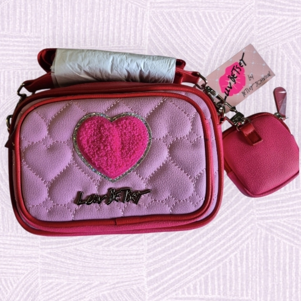 Luv Betsey Johnson 3-Tone Camera Bag-Pink/Red/Hot Pink, Fluffy Heart
